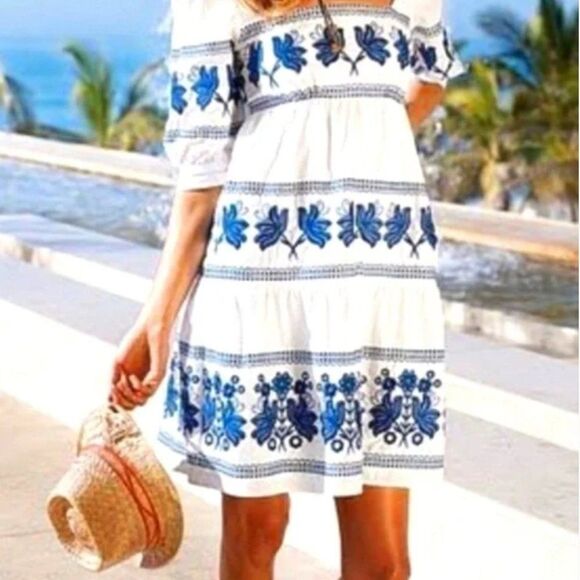 MODA INTERNATIONAL Grecian Embroidered Floral Cotton Dress, Size 2 - Picture 1 of 12